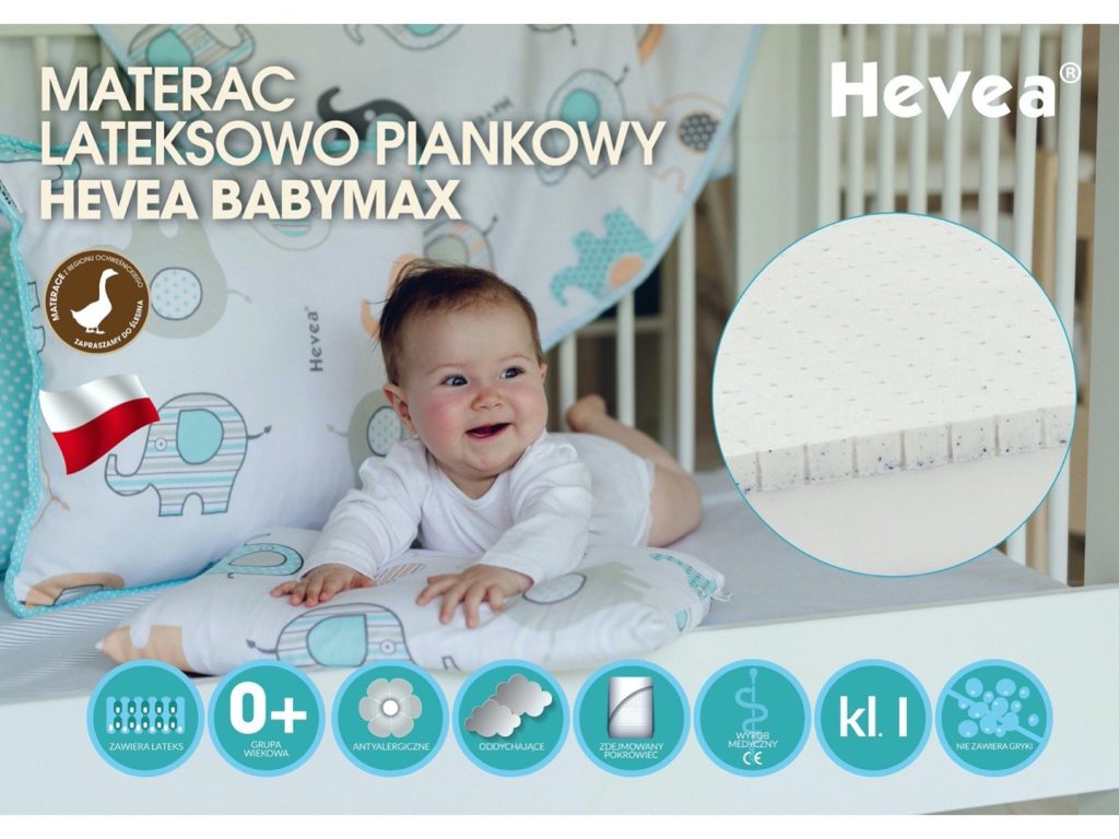 Materac Hevea Baby Max, grafika producenta z niemowlęciem w łóżeczku